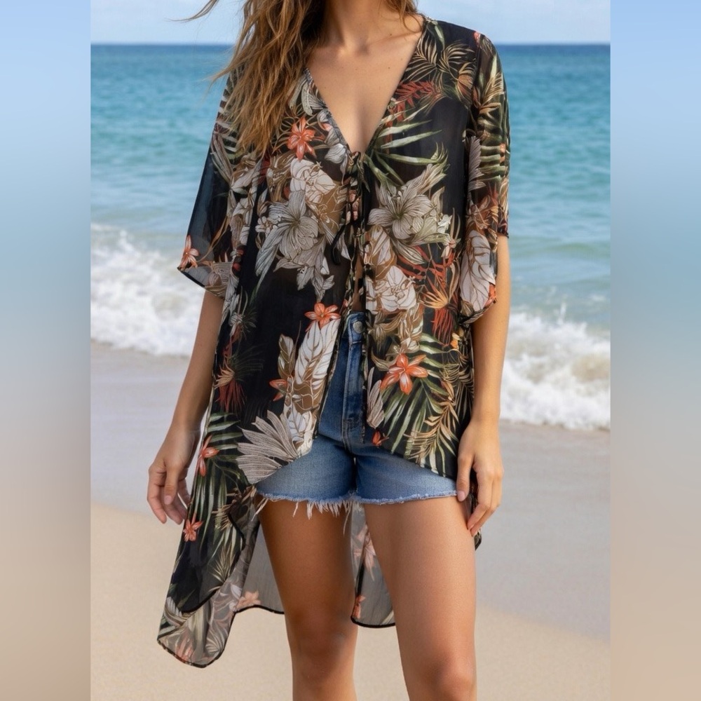 Chenault Deep Green Sheer Tropical Floral Tie-Front Kimono Top